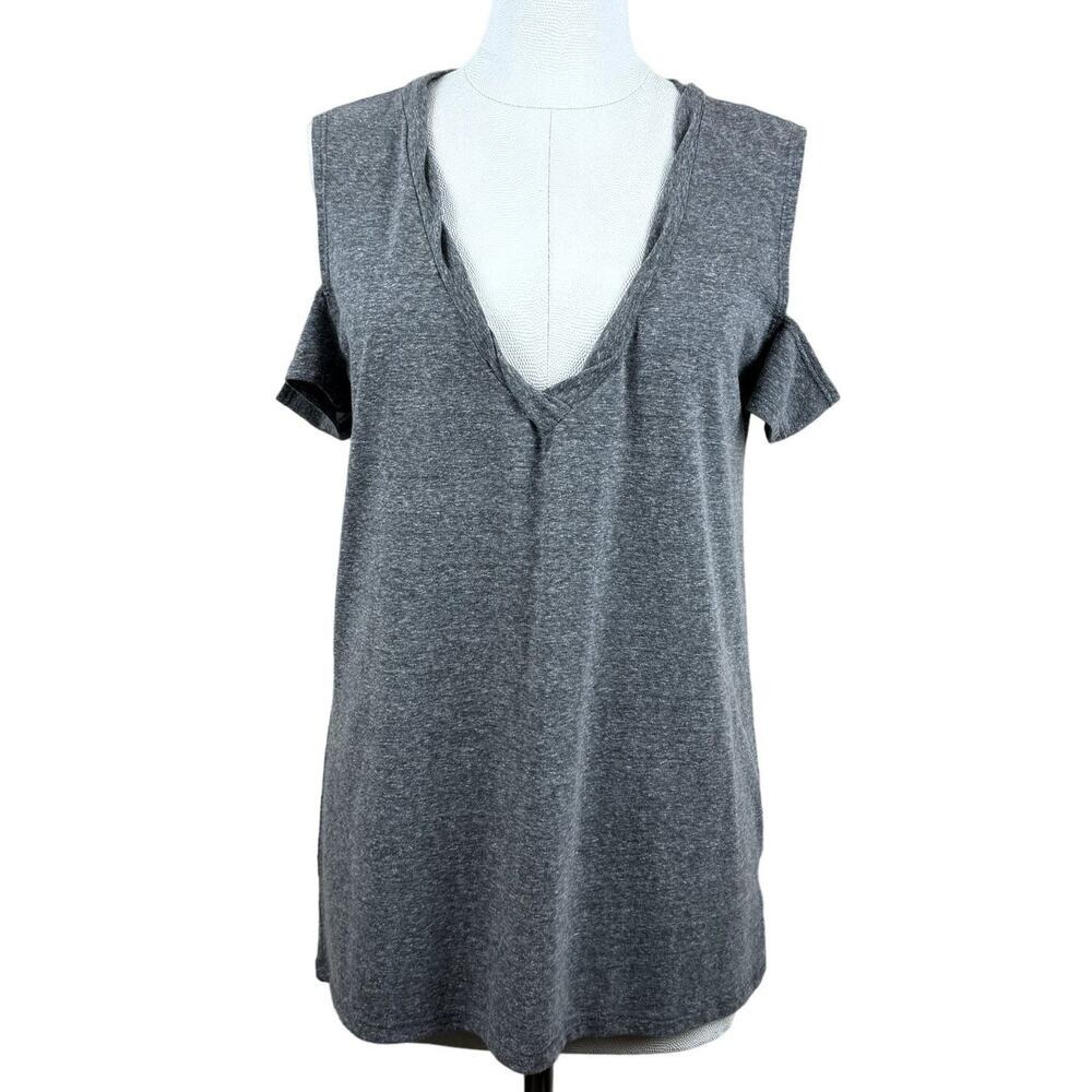 PAM & GELA Women's Grey Cold Shoulder V Neck Tunic Top Shirt Size‎ Petite/XS